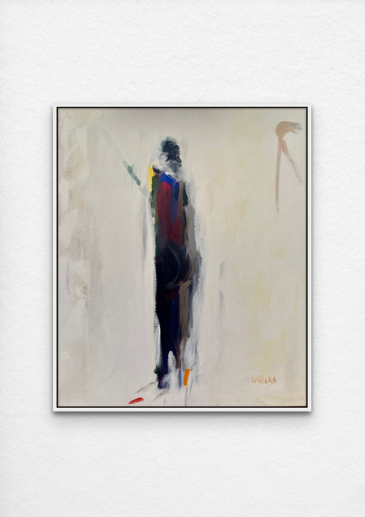 Abstract dark figure standing on light colored background with white frame. 