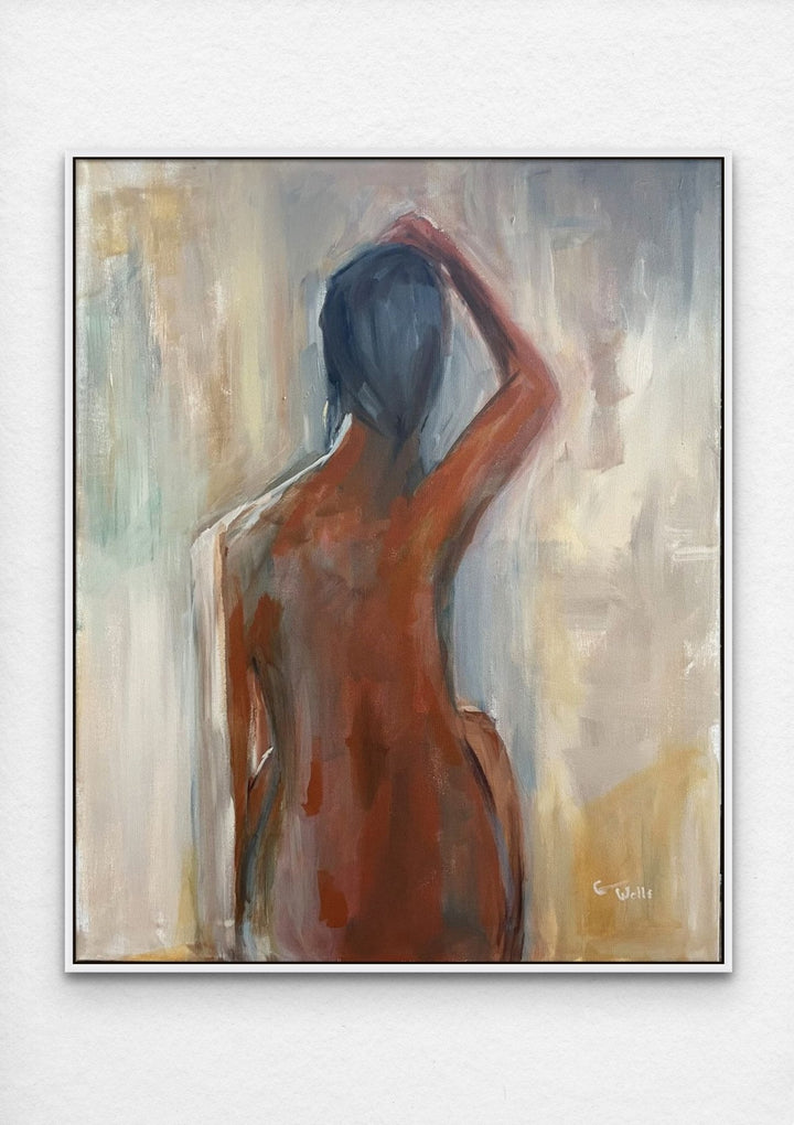 Abstract figurative female painted from behind framed in white. 