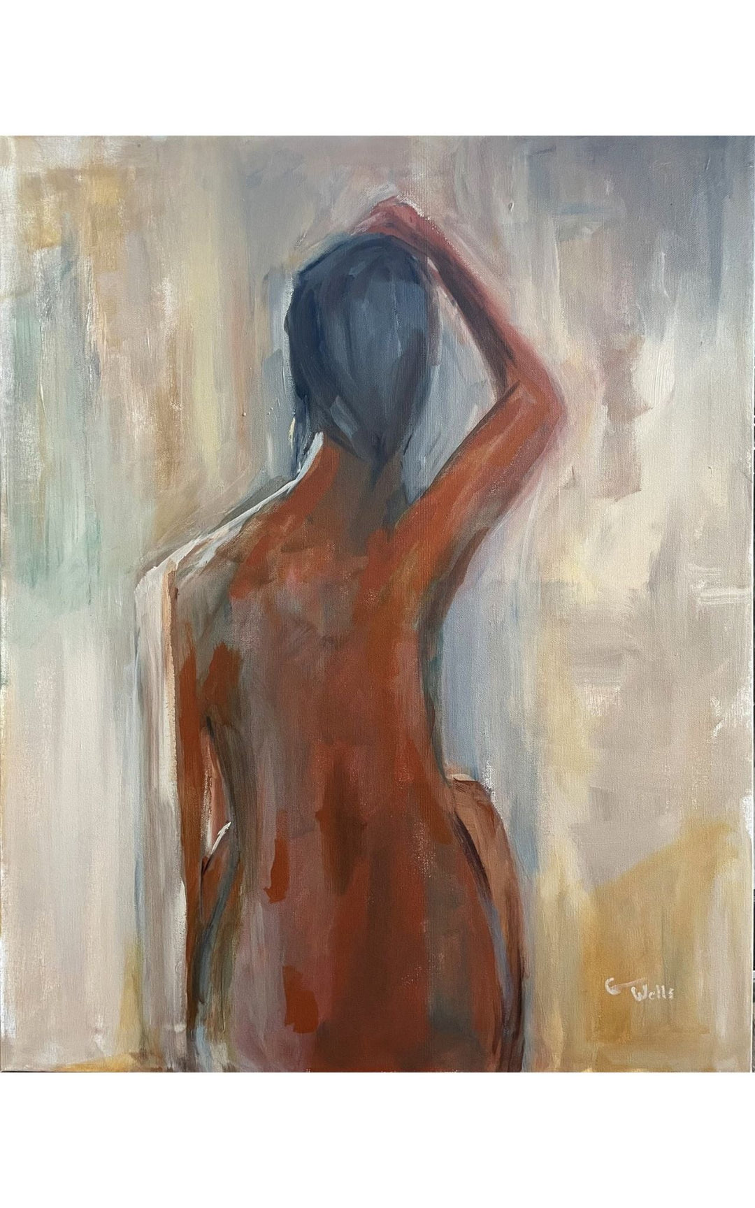 Acrylic painting of darker female figure from behind with hand on head against a light background Solace - Artly International