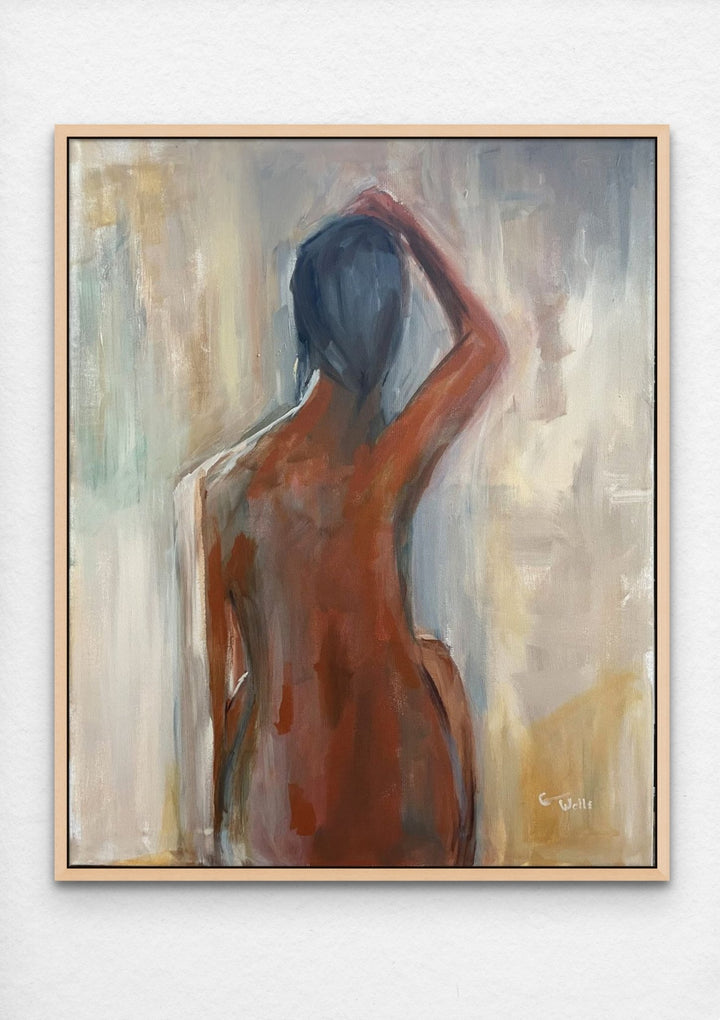 Acrylic painting of darker female figure from behind with hand on head against a light background Solace installation view - Artly International