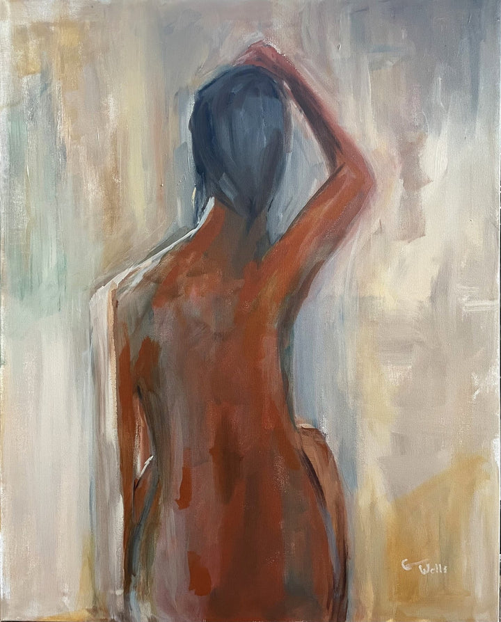 Acrylic painting of darker female figure from behind with hand on head against a light background Solace - Artly International