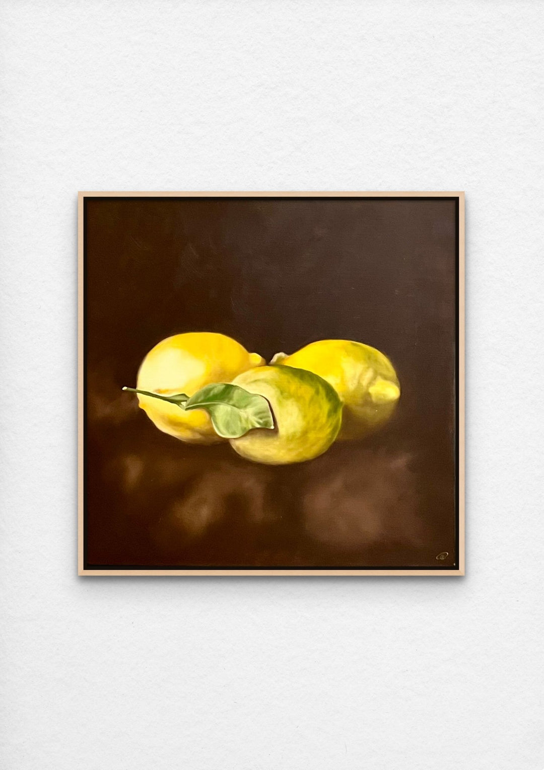 still life oil painting with lemons with maple frame