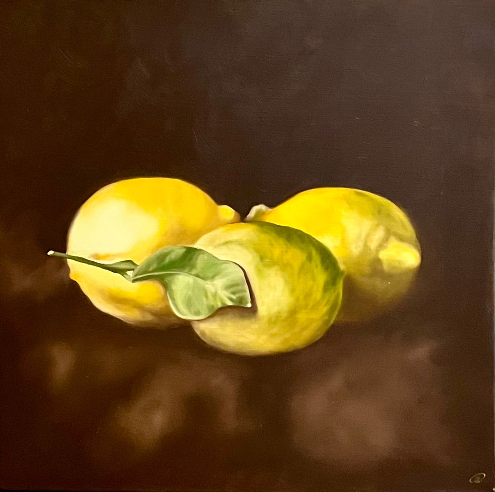 Still life oil painting of three lemons on dark background  - Artly International