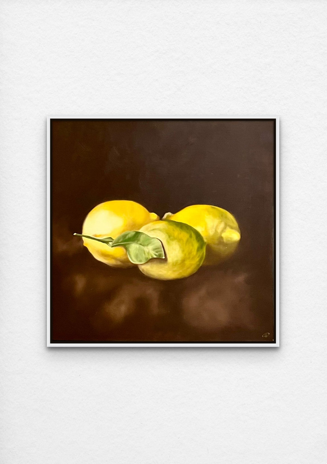 still life oil painting with lemons with white frame