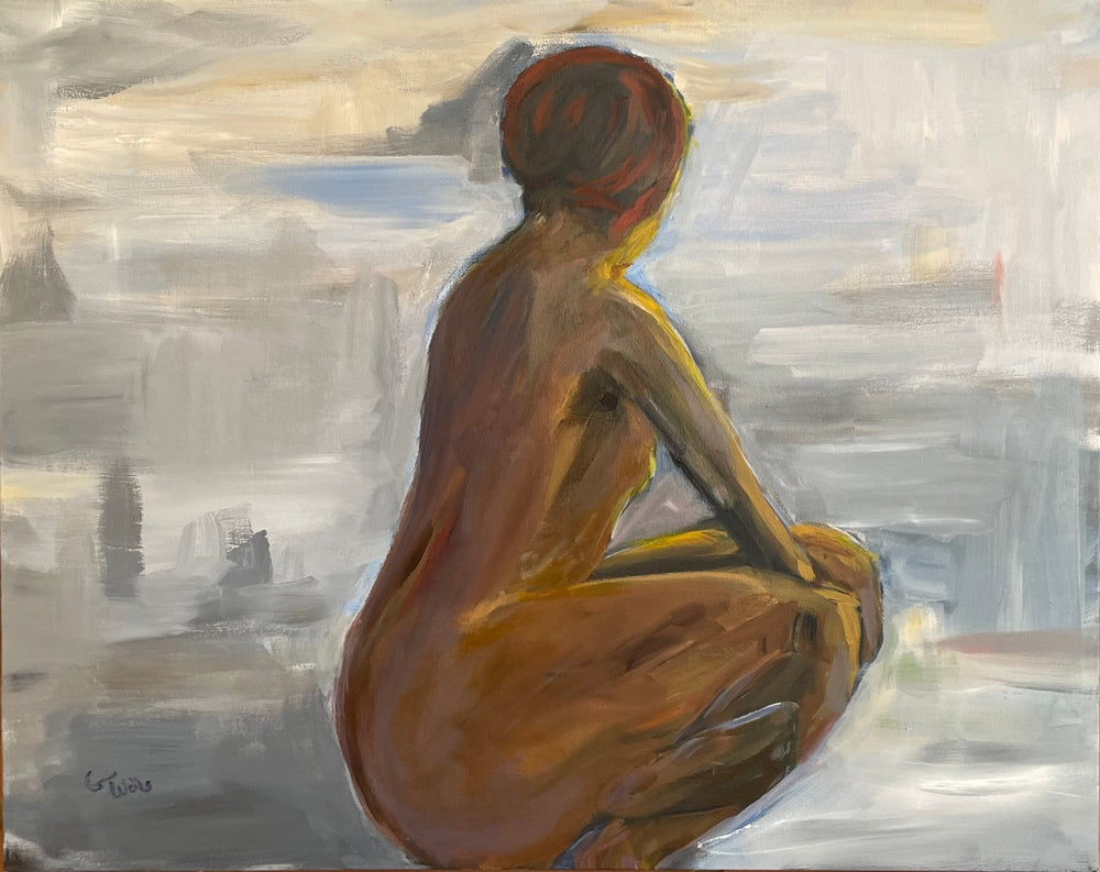 Acrylic painting of squatting female figure looking out titled Vista - Artly International