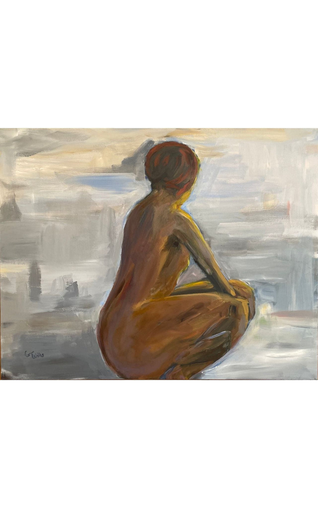 Acrylic painting of squatting female figure looking out titled Vista - Artly International