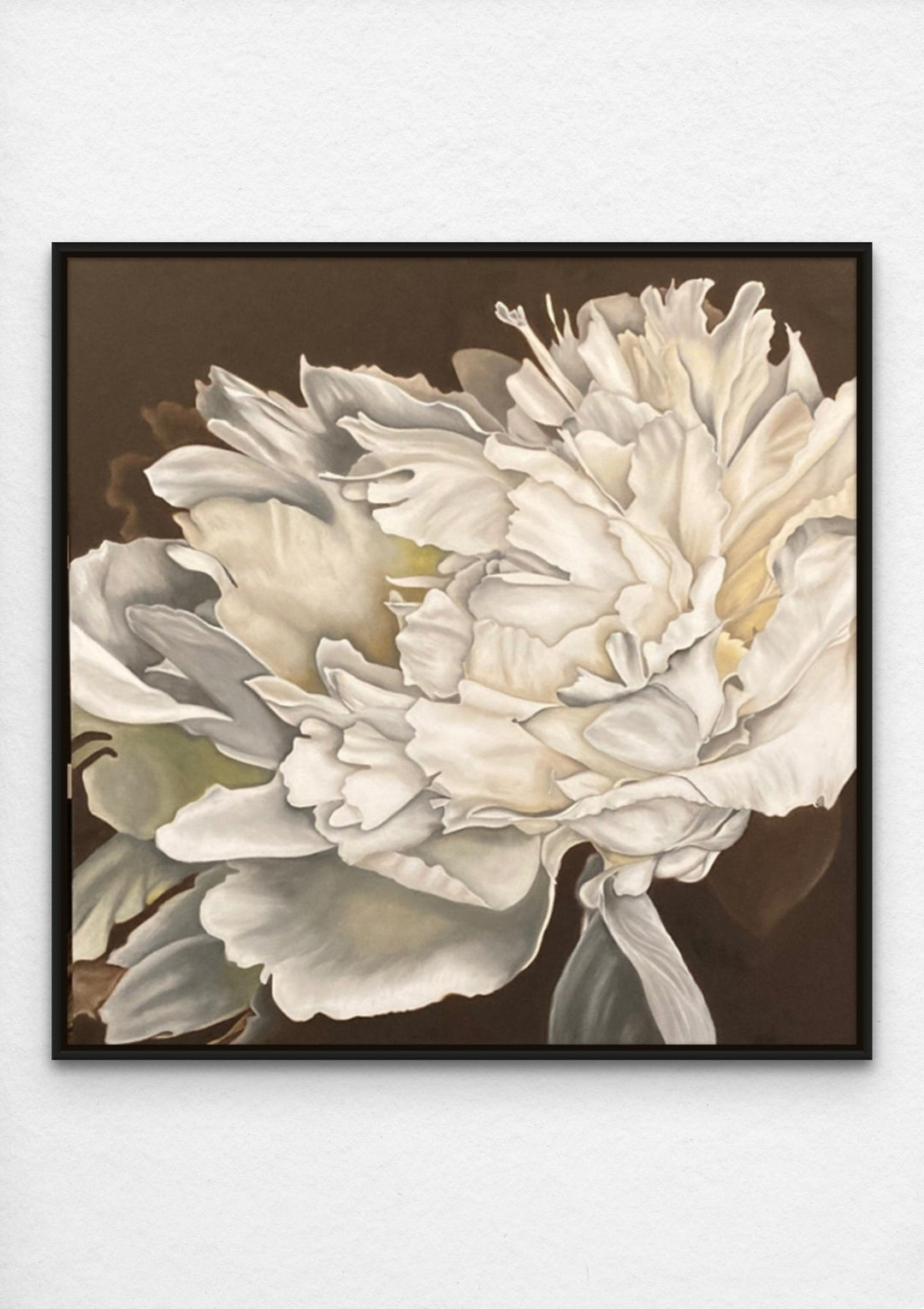 realistic white peony painting with black frame
