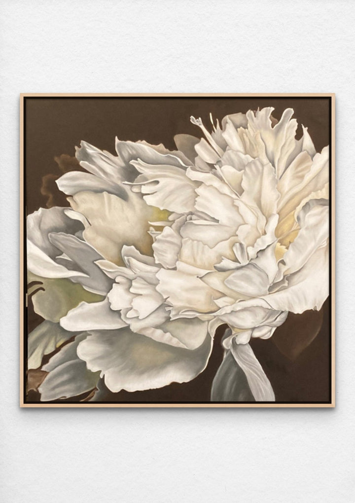 realistic white peony painting with maple frame