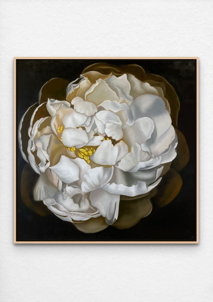 white peony floral painting with maple frame